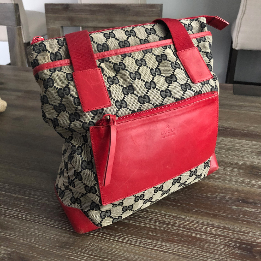 Gucci Canvas Shoulder Bag with Red Leather Detail